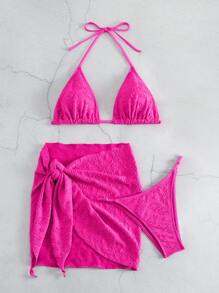 SHEIN Swim Women's Solid Color Bikini Set Valentine Summer Beach - Hot Pink - View 6