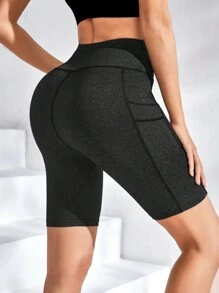 SHEIN Sports 女士运动短裤带口袋骑行短裤氨纶短裤 - 黑色 - 查看 2