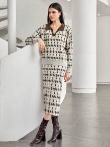 Mulvari Women'S Geometric Print Collar Sweater And Skirt Two-Piece Set 2 Piece Set