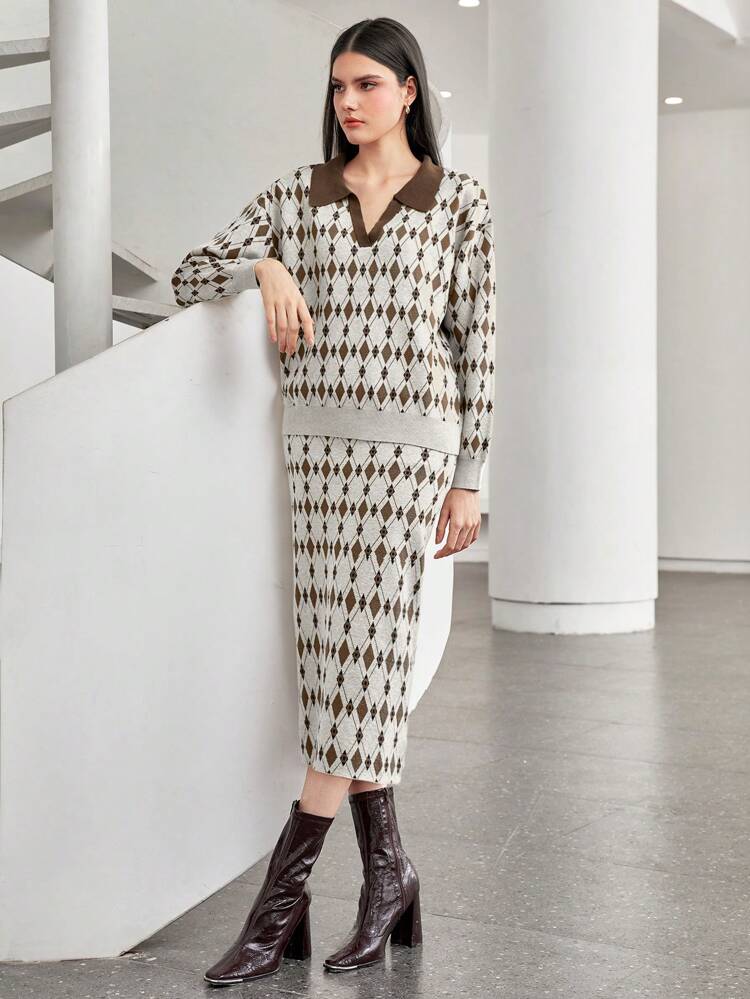 Women'S Geometric Print Collar Sweater And Skirt Two-Piece Set 2 Piece Set