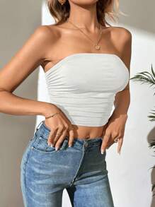 SHEIN Tall Top bandeau unicolor fruncido lateral - Blanco - Ver 4