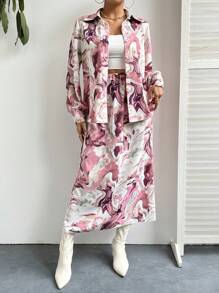 SHEIN Essnce Marble Print Long Sleeve Shirt And Skirt Set - Multicolor - View 3