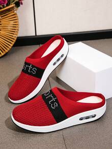 Women's Casual Sports Uppers, Hot Diamond Wedge Heels, Thick-Soled Toe-Toe Half Slippers, Plus Size Red Spring And Autumn Women's Shoes - Red - View 1