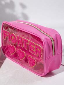 1pc Minimalist Mother's Day Embroidered Letter PVC Semi-Transparent Cosmetic Bag, Toiletry Pouch, Suitable For Travel, Holiday, Gift - Hot Pink - View 7