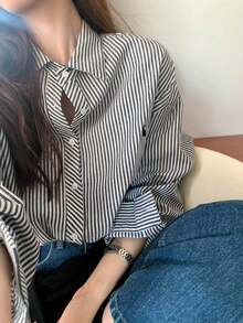 条纹刺绣兔子休闲长袖衬衫，女士衬衫，春季 - 黑色 - 查看 5