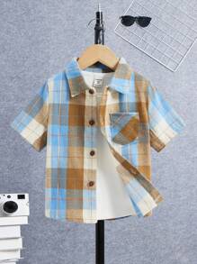 SHEIN 男孩休閒淺藍色軍風格格子襯衫，舒適且多功能，適用於春、夏、秋，適合4-7歲，適用於學校、戶外和家庭 - 彩色 - 查看 1