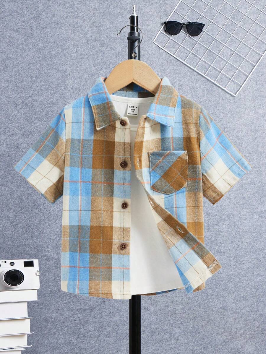 SHEIN 男孩休閒淺藍色軍風格格子襯衫，舒適且多功能，適用於春、夏、秋，適合4-7歲，適用於學校、戶外和家庭 - 彩色 - 查看 1