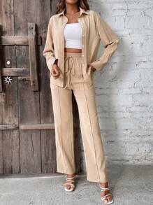 SHEIN LUNE 純色休閒2件套裝 - 卡其色 - 查看 1