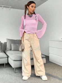 SHEIN Unity 性感喇叭袖毛衣,百搭風格 - 粉色 - 查看 6