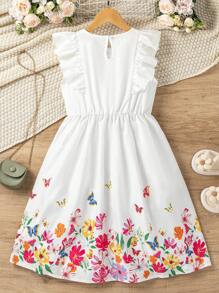 Vestido Blanco De Doble Volante Con Estampado De Mariposas Y Flores Para Niñas Preadolescentes - Blanco - Ver 2