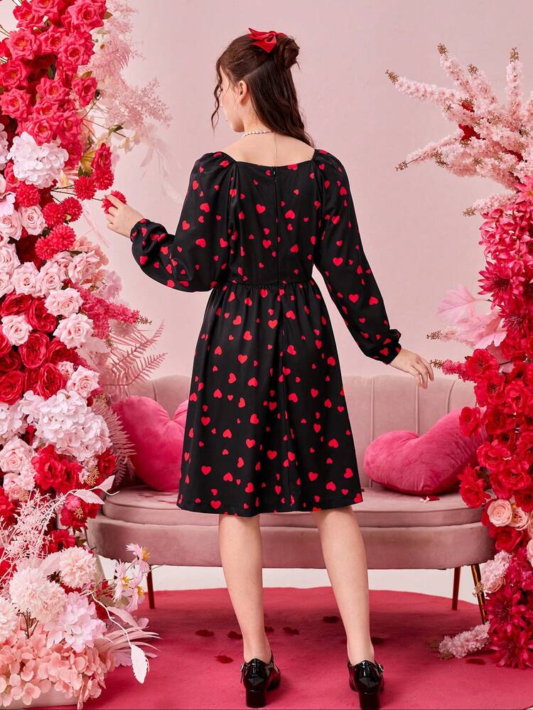 Teen Girls' Sweetheart Neckline Heart Print Dress