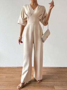 Chiquease 女款 V 領蝙蝠袖折疊連身長褲 - 杏色 - 查看 3