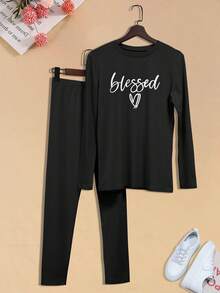 Leggings con camiseta con estampado de letra - Negro - Ver 6