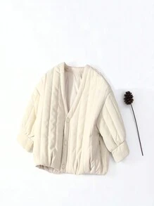 年轻女孩纯色单排扣棉衣 - 米色 - 查看 1