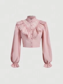SHEIN MOD 蕾絲嵌片&荷葉邊下擺裝飾襯衫 - 粉色 - 查看 1