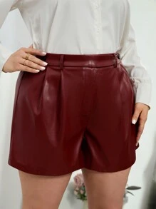 SHEIN Privé 大尺碼優雅 Pu 皮短褲 - 酒紅色 - 查看 6