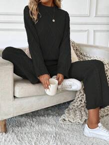 EMERY ROSE Women's Stand Collar Long Sleeve Sweater And Sweater Pants Two Piece Set - Black - View 6