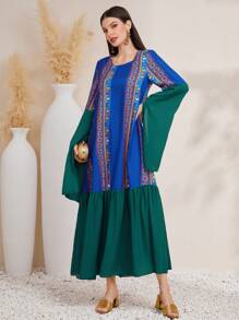 Al Najma Women's Geometric Pattern Bell Sleeve Arabian Dress - Blue - View 1