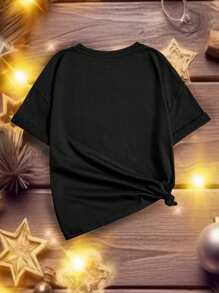 適合夏季的青少女休閒2024印花短袖t恤 - 黑色 - 查看 2