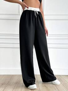 EURMUSE Women's Contrast Waist Drawstring Trousers - Black - View 4