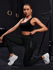 女款高腰運動打底褲 - 黑色 - 查看 5