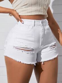 SHEIN SXY 大尺碼女款仿舊牛仔短褲 - 白色 - 查看 6