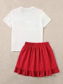 SHEIN EZwear 女士豹紋及字母印花t恤和裙子套裝 - 紅色 - 查看 2