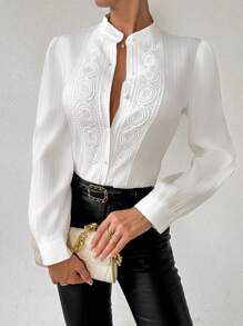 RosyDaze 女式蕾丝拼接褶皱衬衫 - 白色 - 查看 3