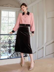 DAZY Women's Colorblock Jacket With Solid Color Knee Length Skirt Set, Women Two Pieces Sets,Fall Clothes - Pink - View 8