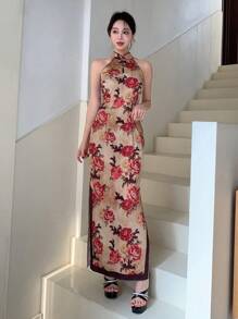 EastFlair Cải tiến Phong cách Trung Quốc Sườn xám Sườn xám Đầm Với Tương phản Màu sắc , Retro Phong cách quốc gia In Khe Đầm Đối với phụ nữ , Năm mới - Màu vàng - Xem 7