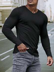 NITAGUT 男士V領羅紋針織T恤 - 黑色 - 查看 3