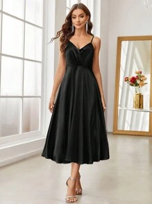 SHEIN Belle Women's Solid Color Spaghetti Strap Dress, Semi Formal Dress - Black - View 7