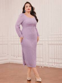 Modelyn 大尺碼女式方領側開衩連身裙 - 紫色 - 查看 6