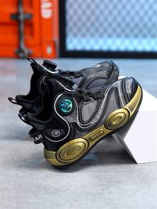 1pair Unisex Youth Basketball Shoes, Four Seasons, Metal And Gold Color, Buckle Closure - Black - View 4