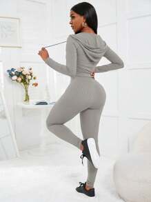 Zolique Rib-Knit O-Ring Zipper Drawstring Hoodie & Leggings Fall Cloth For Women - Grey - View 2