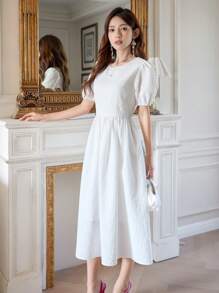 DAZY 女士圆领短款泡泡袖连衣裙太阳裙，休闲女士连衣裙 - 白色 - 查看 5