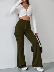 SHEIN EZwear Women's Zip Fly Side Pocket Trousers - Army Green - View 7