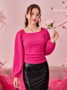 Thiếu niên Cô gái Thanh lịch Tay áo lồng đèn Tay áo dài Áo sơ mi Với Viền bình hàng phía sau - Màu Hồng Tươi - Xem 1