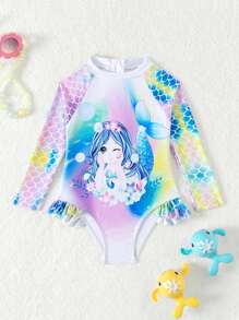 少女美人魚印花一片式泳衣,前面有襯裡,適合夏季沙灘穿著 - 彩色 - 查看 3