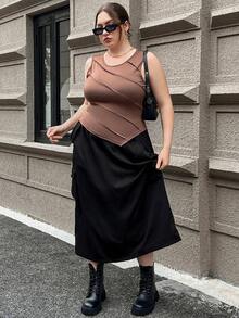 SHEIN Essnce 大尺碼不對稱下擺背心,帶有縫合細節 - 棕色 - 查看 6