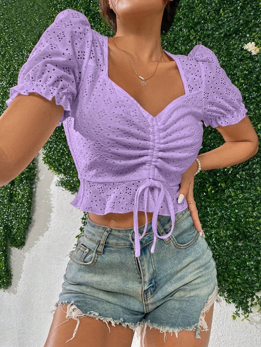 Breezaya Cổ Trái tim Ngắn tay Dây đeo thêu Quần skinny Áo thun - Màu tím - Xem 1