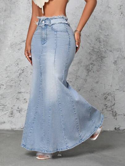 SHEIN SXY Frayed Hem Denim Mermaid Skirt