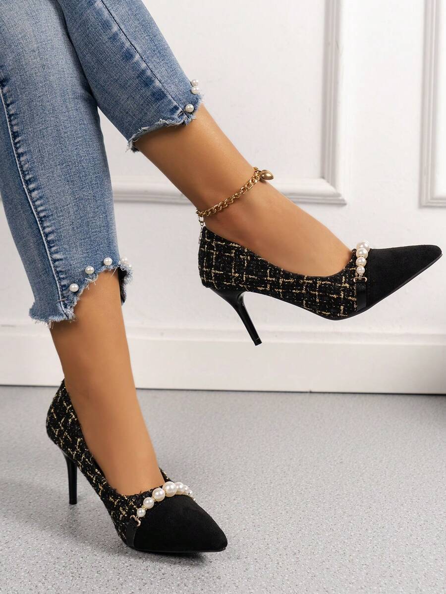 珍珠細節尖頭 8 公分女高跟鞋,黑色麂皮優雅踝帶工作鞋,ol 鞋 - 黑色 - 查看 1