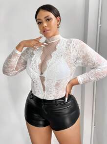 SHEIN SXY Plus Size Polka Dot Mesh Splice Stand Collar Lace Bodysuit - White - View 1