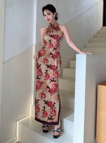 EastFlair Cải tiến Phong cách Trung Quốc Sườn xám Sườn xám Đầm Với Tương phản Màu sắc , Retro Phong cách quốc gia In Khe Đầm Đối với phụ nữ , Năm mới - Màu vàng - Xem 6