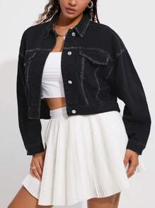 SHEIN EZwear 女裝落肩長袖牛仔外套 - 黑色 - 查看 1