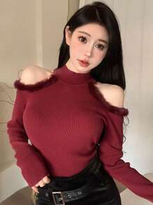 DAZY 女款拼布毛茸茸露肩毛衣 - 酒紅色 - 查看 2