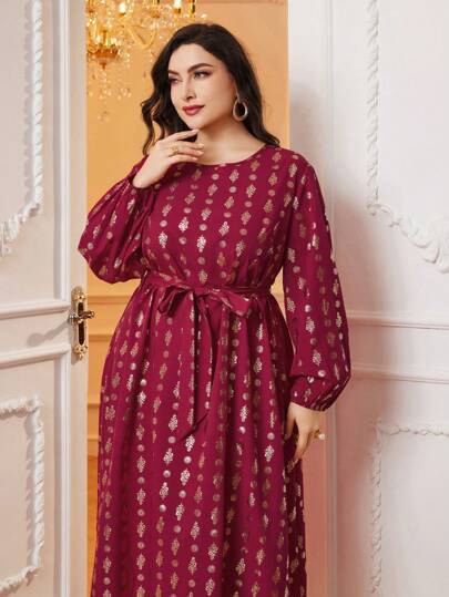 Al Najma Plus Size Women'S Gold Foil Flower Print Belted Dress Kaftan Jalabiya Dress