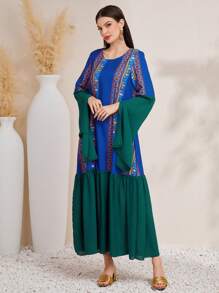 Al Najma Women's Geometric Pattern Bell Sleeve Arabian Dress - Blue - View 3