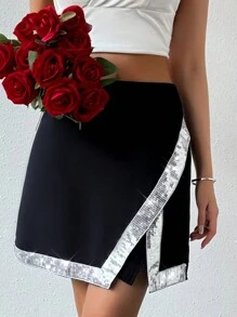 SHEIN Privé Falda Con Dobladillo Asimétrico Con Lentejuelas En Contraste - Negro - Ver 3